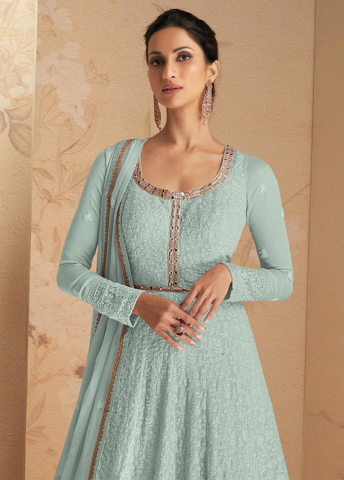 3 Pc Sky Blue Semi Stitched Georgette Suit Set Cheap Amazon