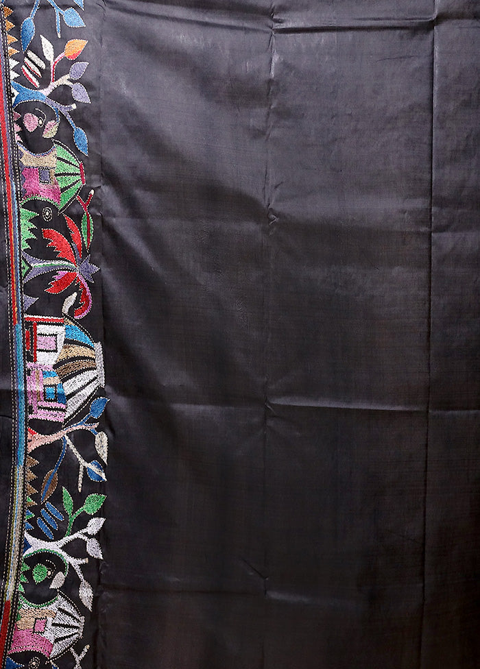 Black Handloom Kantha Stitch Pure Silk Saree With Blouse Piece Get To Buy Cheap Online