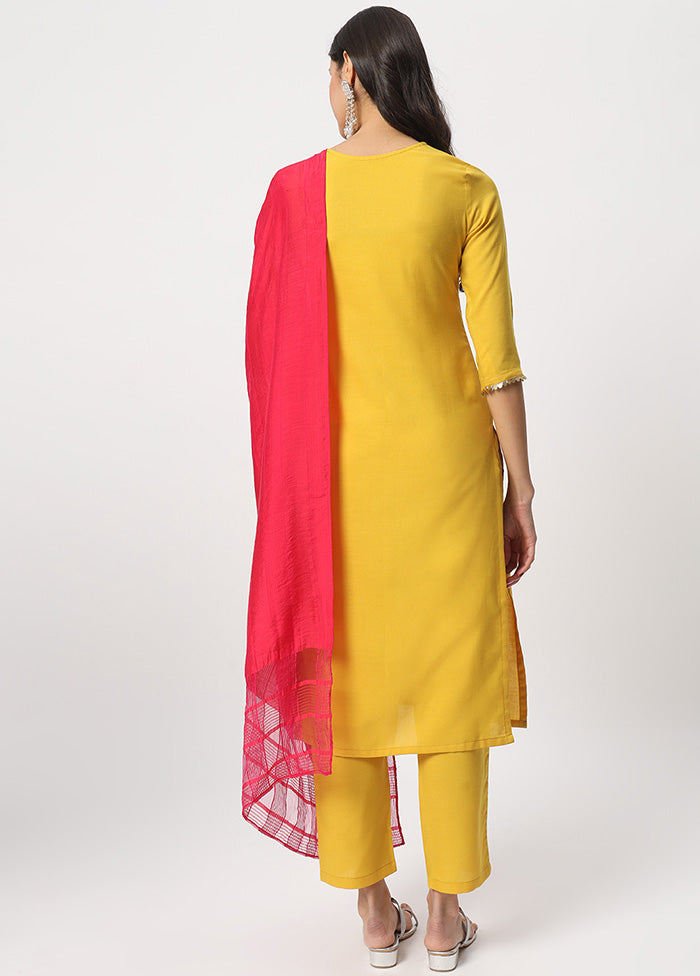 3 Pc Yellow Readymade Cotton Dupatta Suit Set For Sale Online