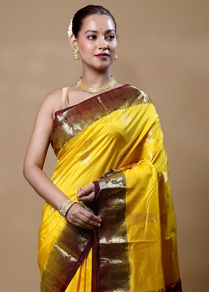 Yellow Handloom Kanjivaram Pure Silk Saree With Blouse Piece Free Shipping Best