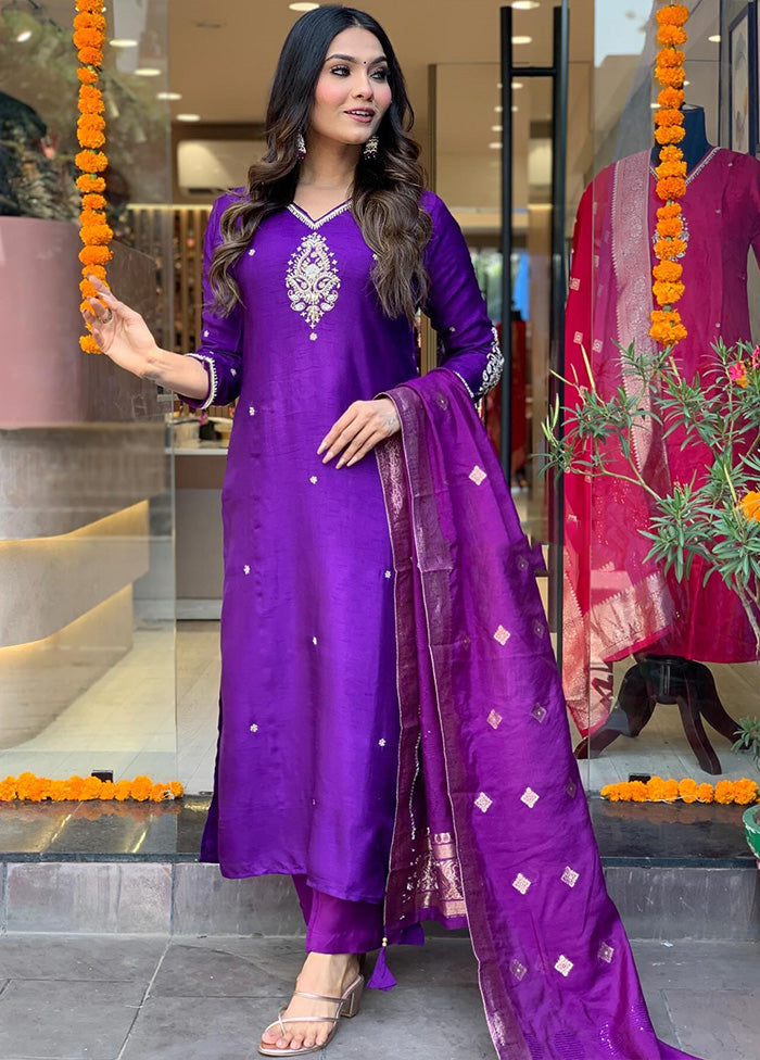 3 Pc Violet Pure Readymade Chanderi Suit Set Good Selling Sale Online