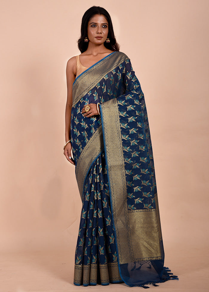 Blue Kora Silk Saree With Blouse Piece Sale Cheap Online