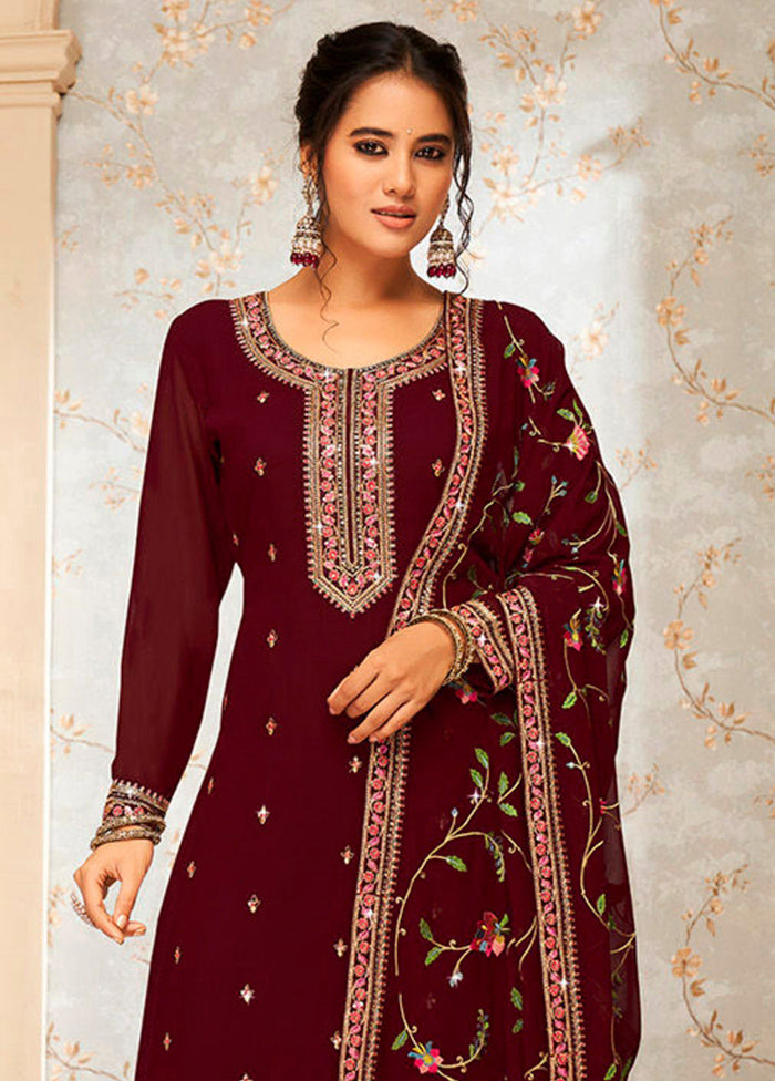 3 Pc Maroon Semi Stitched Georgette Suit Set Buy Cheap Free Shipping