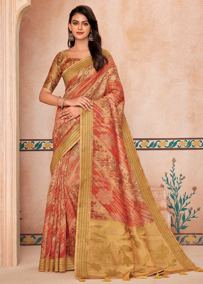 Orange Spun Silk Saree With Blouse Piece Pay With Visa For Sale