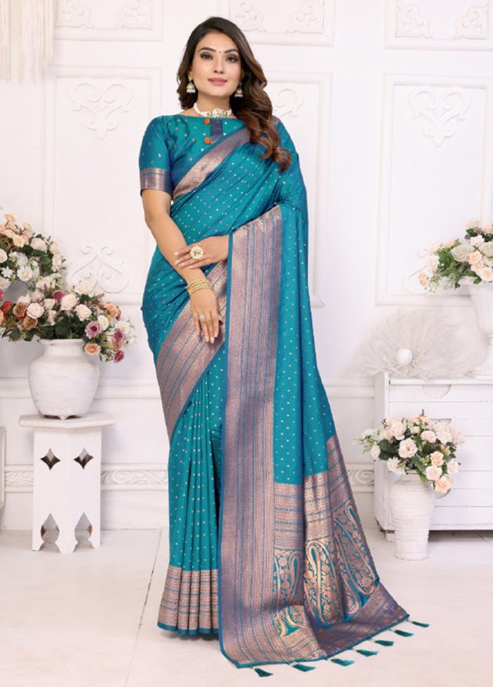 Rama Spun Silk Saree With Blouse Piece Cheap Factory Outlet