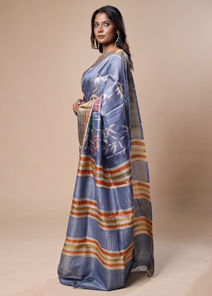 Blue Handloom Tussar Pure Silk Saree With Blouse Piece Where To Buy