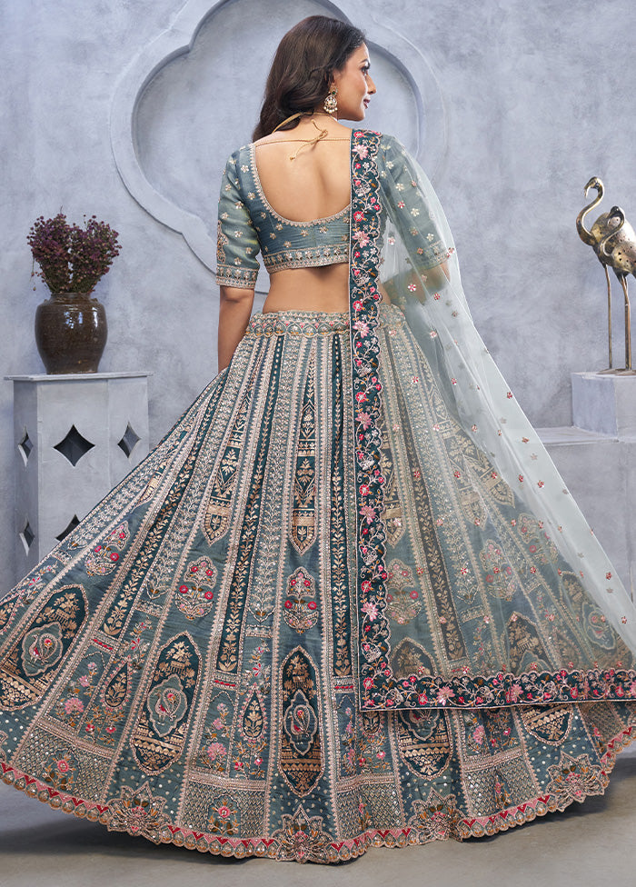 3 Pc Blue Silk Semi Stitched Lehenga Set Free Shipping With Mastercard