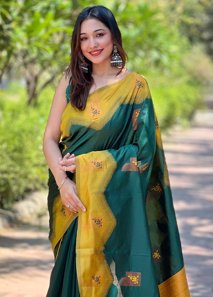 Bottle Green Banarasi Silk Saree With Blouse Piece Cheap Sale 2025 Unisex