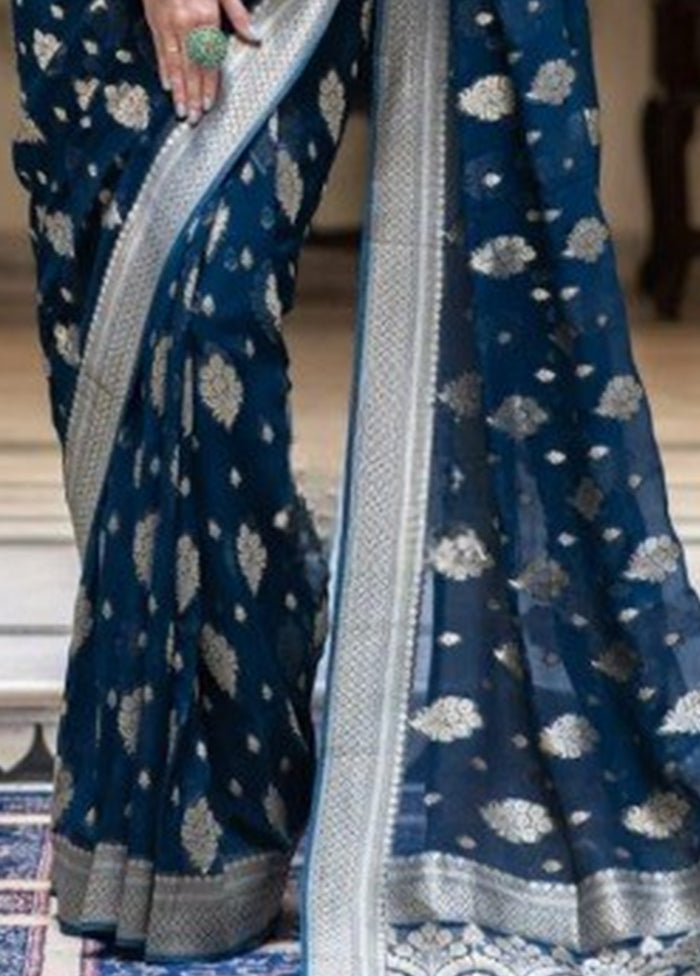 Navy Blue Banarasi Silk Saree With Blouse Piece Cheap Sale Geniue Stockist