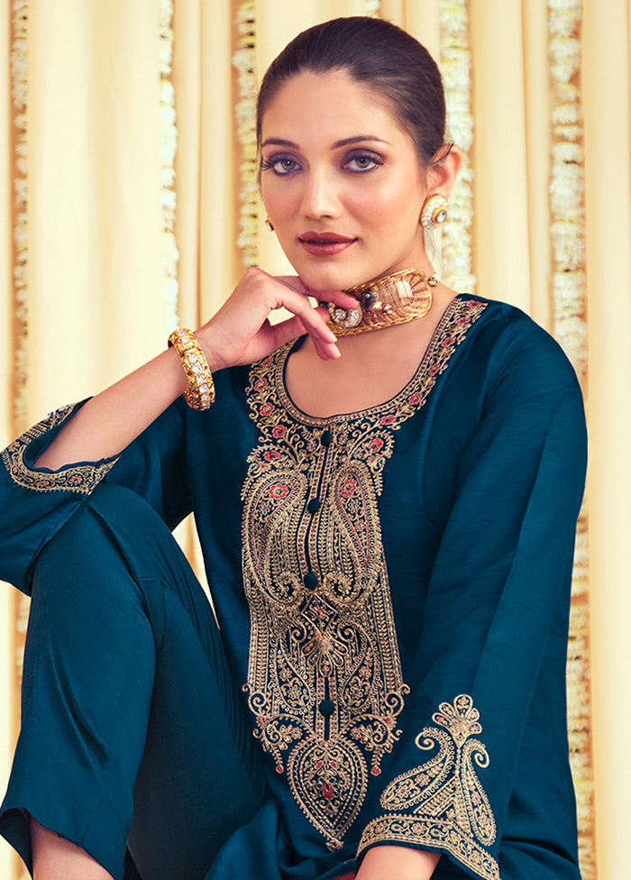 3 Pc Navy Blue Unstitched Pure Silk Suit Set Good Selling Sale Online