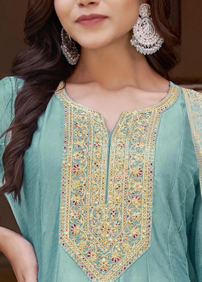 3 Pc Sky Blue Semi Stitched Silk Suit Set Low Cost