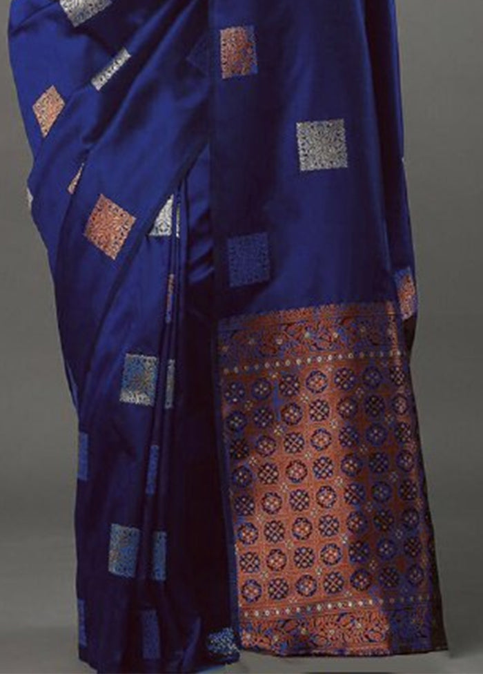 Blue Banarasi Silk Saree With Blouse Piece Cheap Sale 100% Original