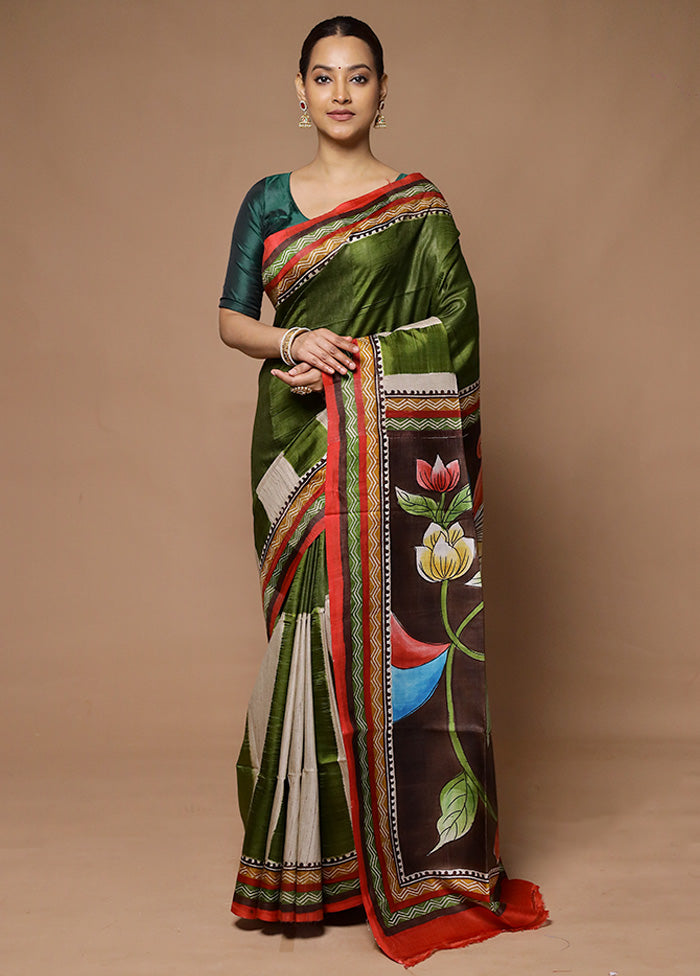 Green Printed Pure Silk Saree Without Blouse Piece Discount For Sale