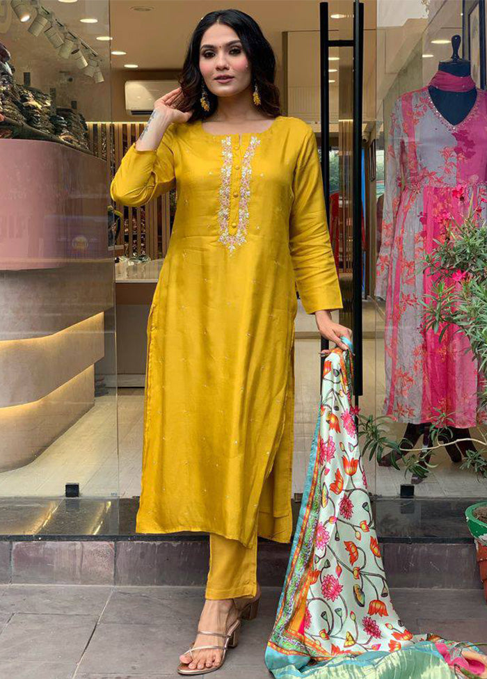 3 Pc Mustard Readymade Viscose Dupatta Suit Set Free Shipping 100% Original