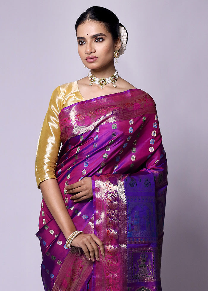 Purple Handloom Baluchari Pure Silk Saree With Blouse Piece Cheap Best Pices