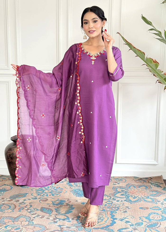 3 Pc Purple Readymade Chanderi Suit Set Low Shipping Cheap Pice