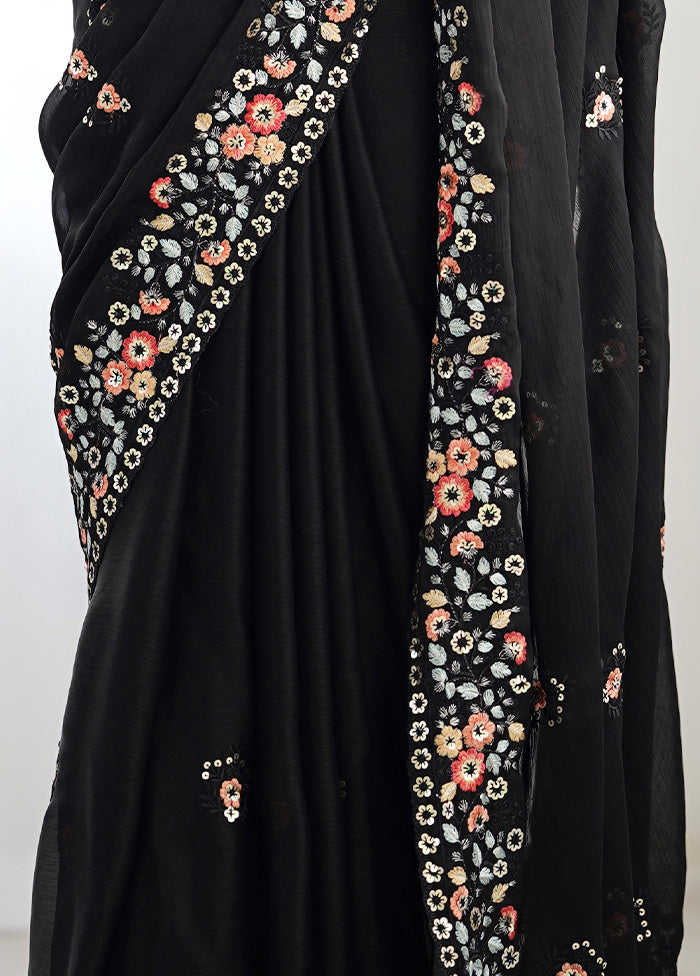 Black Satin Silk Saree With Blouse Piece Fashionable Online