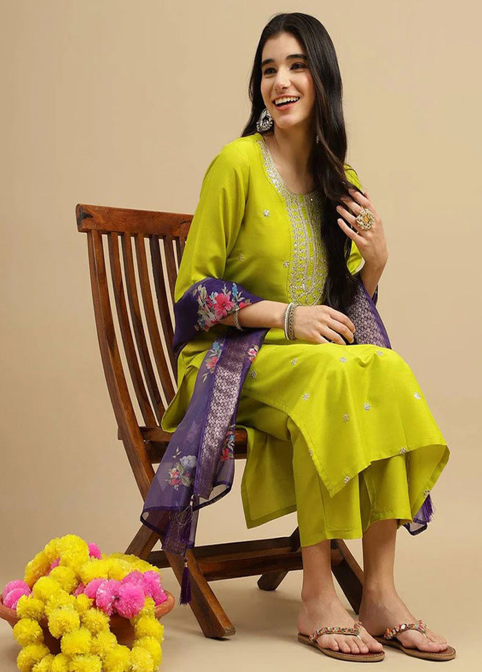 3 Pc Green Readymade Silk Suit Set Sale Wholesale Pice