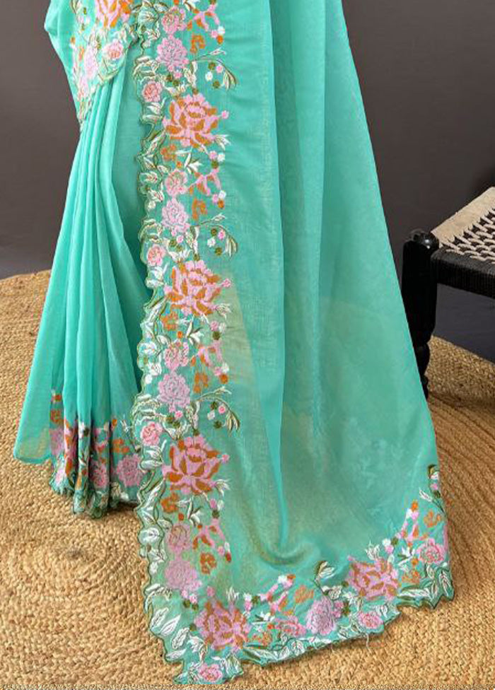 Sea Green Spun Silk Saree With Blouse Piece Discount Cheapest