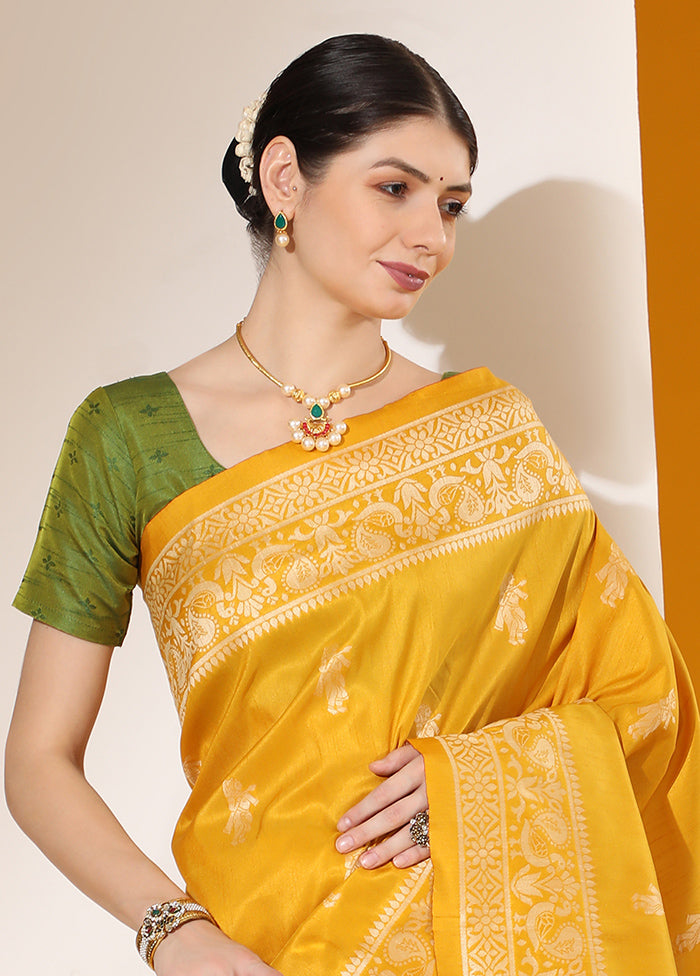 Yellow Spun Silk Saree With Blouse Piece Cheap Sale Comfortable