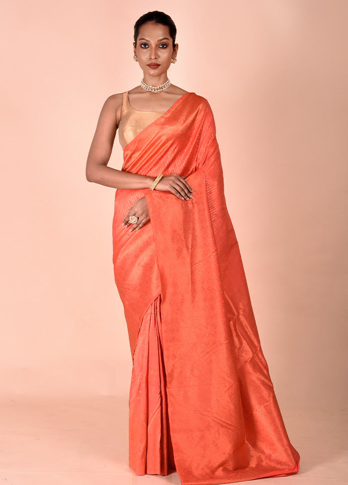 Orange Handloom Kanjivaram Pure Silk Saree With Blouse Piece Fashion Style For Sale