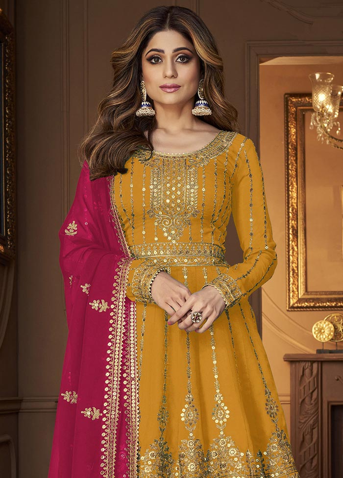 3 Pc Mustard Semi Stitched Georgette Suit Set Discount Low Cost