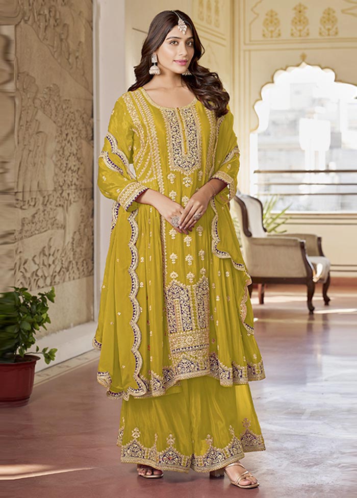 3 Pc Yellow Semi Stitched Silk Suit Set Clearance Perfect