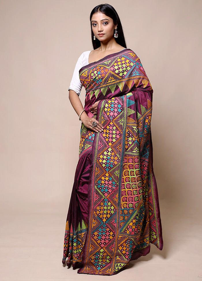 Maroon Kantha Stitch Silk Saree With Blouse Piece Sale 100% Guaranteed