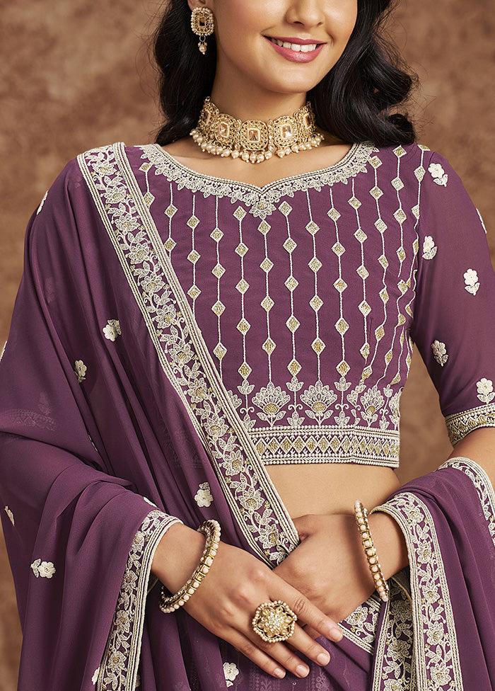 3 Pc Purple Georgette Semi Stitched Lehenga Set Cheap Sale Release Dates