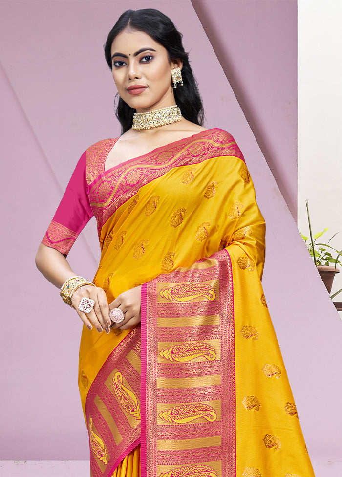 Yellow Dupion Silk Saree With Blouse Piece Buy Cheap Authentic