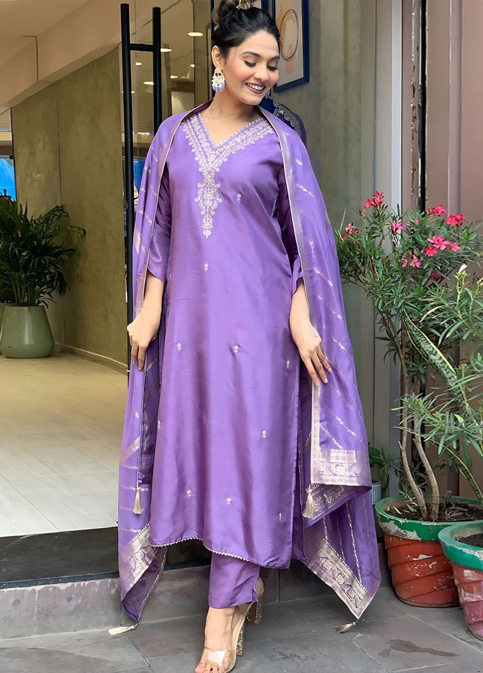 3 Pc Lavender Readymade Viscose Suit Set Cheap Sale Looking For