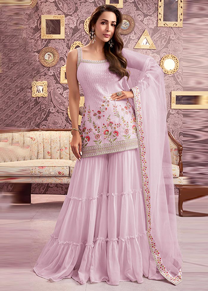 3 Pc Light Pink Semi Stitched Georgette Suit Set Buy Cheap Sast