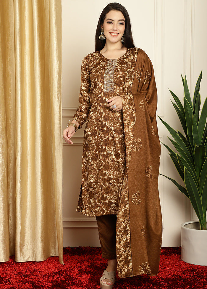 3 Pc Brown Unstitched Pashmina Suit Set Latest Cheap Online