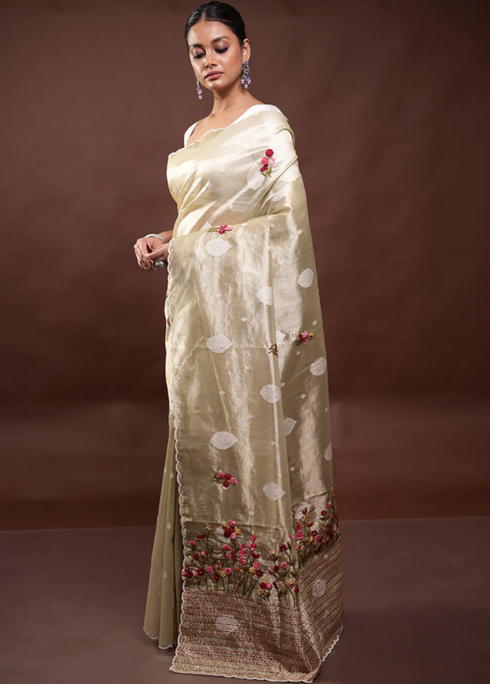 Cream Tissue Silk Saree With Blouse Piece Online Online Original