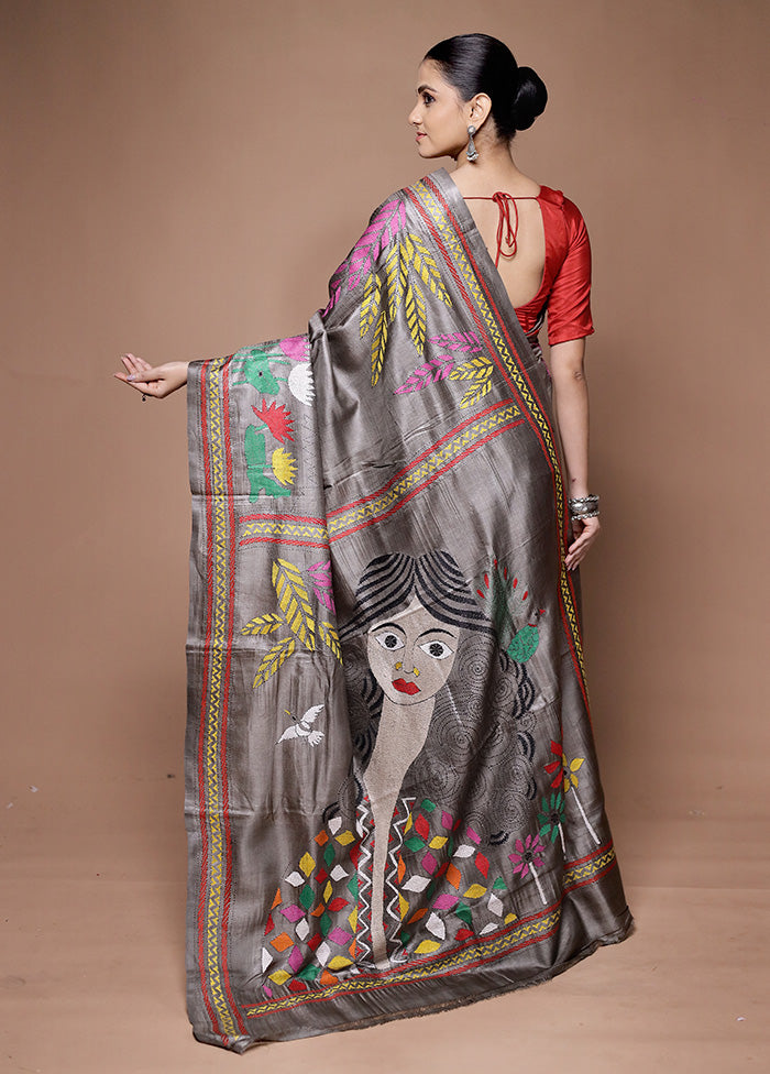 Grey Handloom Kantha Stitch Pure Silk Saree With Blouse Piece Sale For Cheap