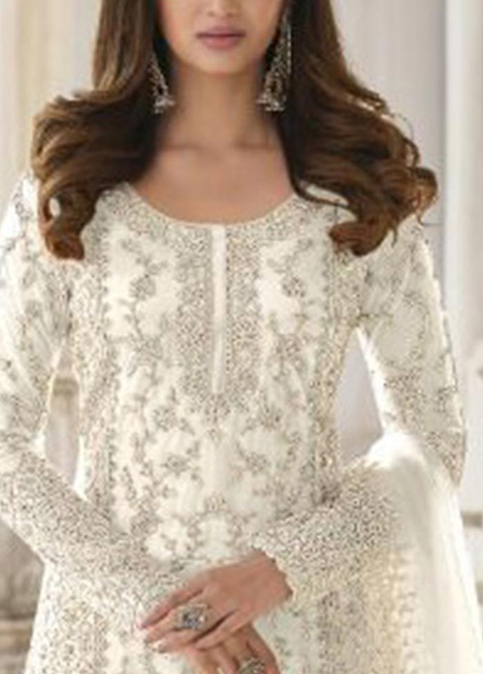 3 Pc White Semi Stitched Net Suit Set Cheap Fashionable