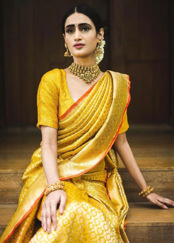 Yellow Banarasi Silk Saree With Blouse Piece Sale Reliable