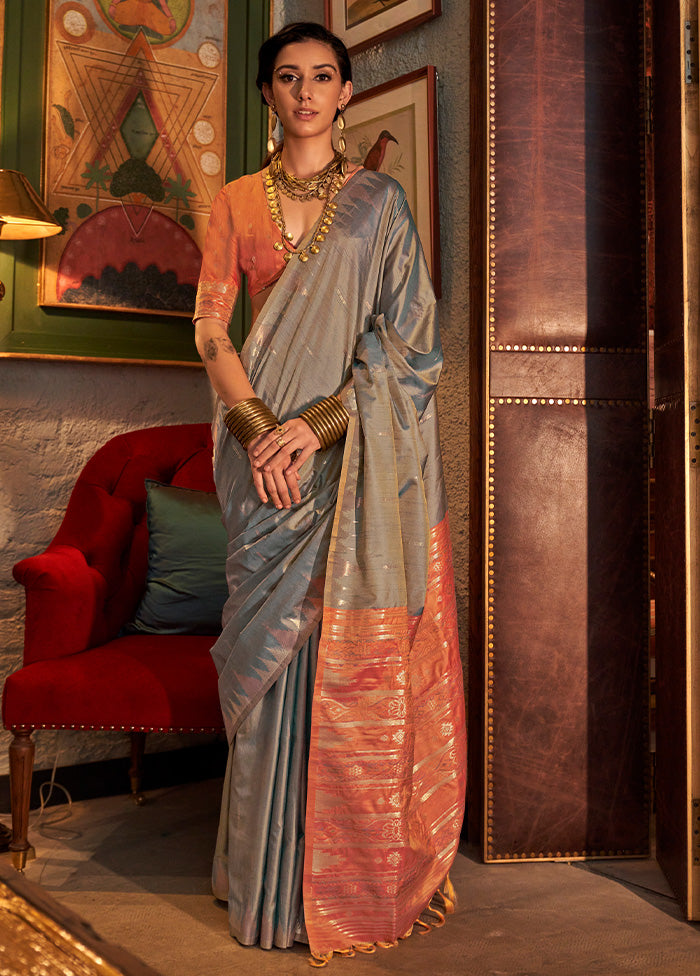 Grey Tussar Silk Saree With Blouse Piece Free Shipping Fast Delivery