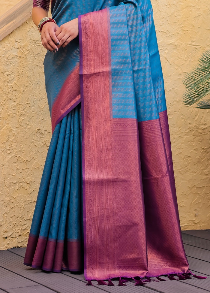 Sky Blue Kanjivaram Silk Saree With Blouse Piece Latest Collections For Sale