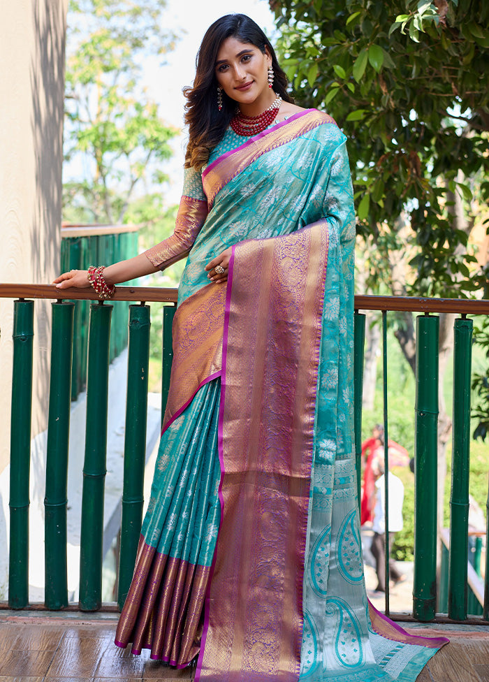 Turquoise Banarasi Silk Saree With Blouse Piece Cheap Get To Buy