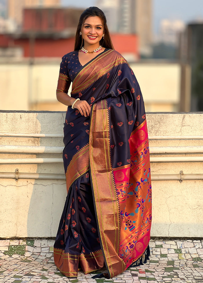 Navy Blue Spun Silk Saree With Blouse Piece Clearance Get Authentic