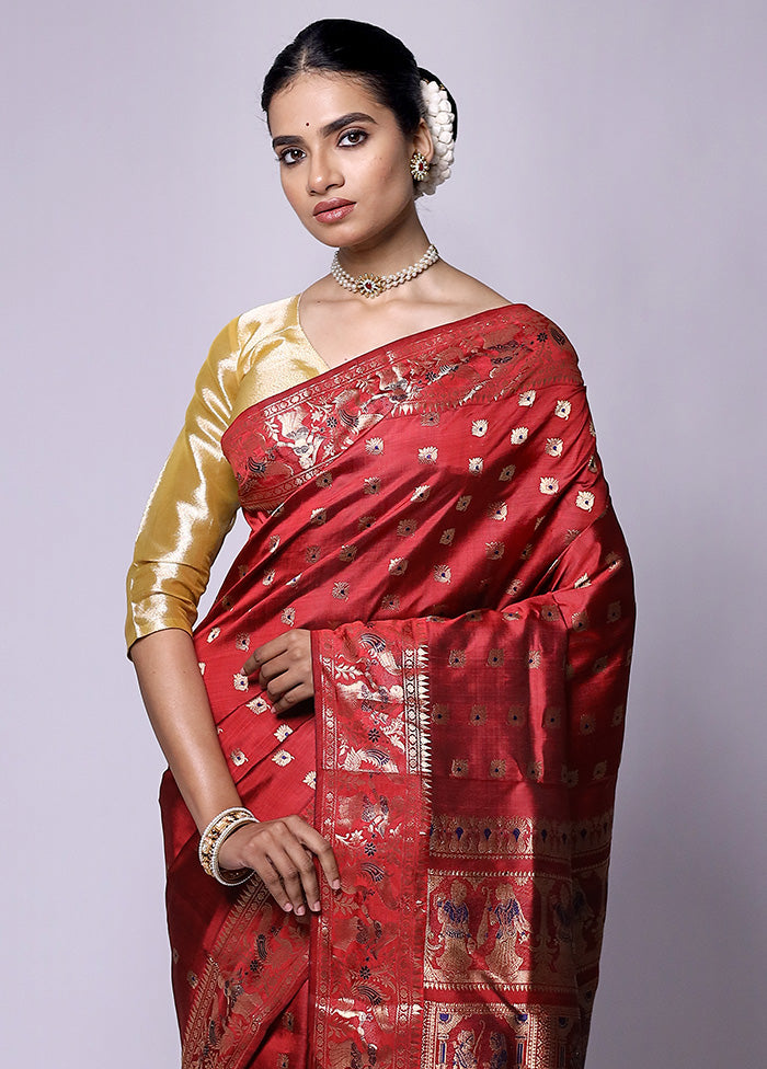 Red Handloom Baluchari Pure Silk Saree With Blouse Piece Free Shipping For Sale