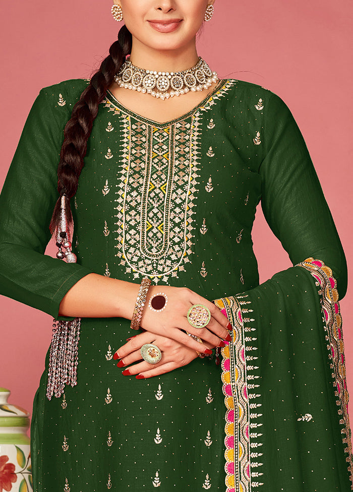 3 Pc Green Semi Stitched Silk Suit Set Discount Exclusive