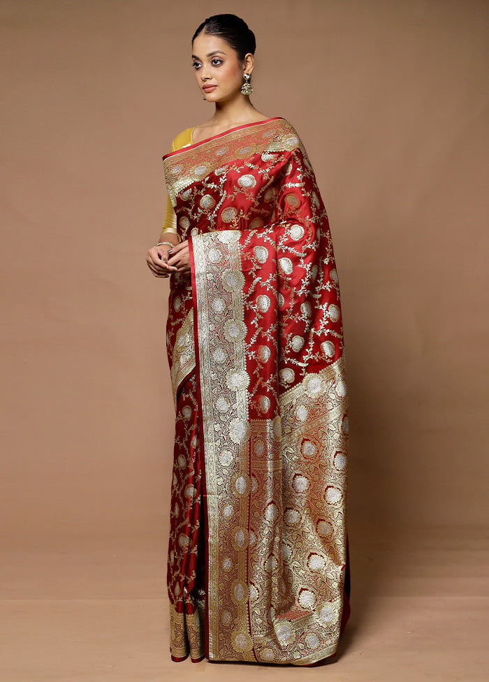 Red Banarasi Silk Saree With Blouse Piece Clearance High Quality