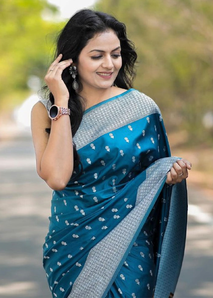 Blue Banarasi Silk Saree With Blouse Piece Clearance Hot Sale