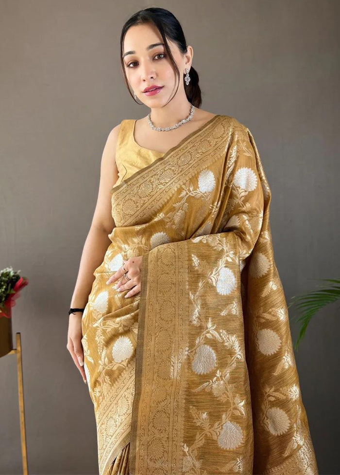 Chiku Banarasi Silk Saree With Blouse Piece With Mastercard For Sale