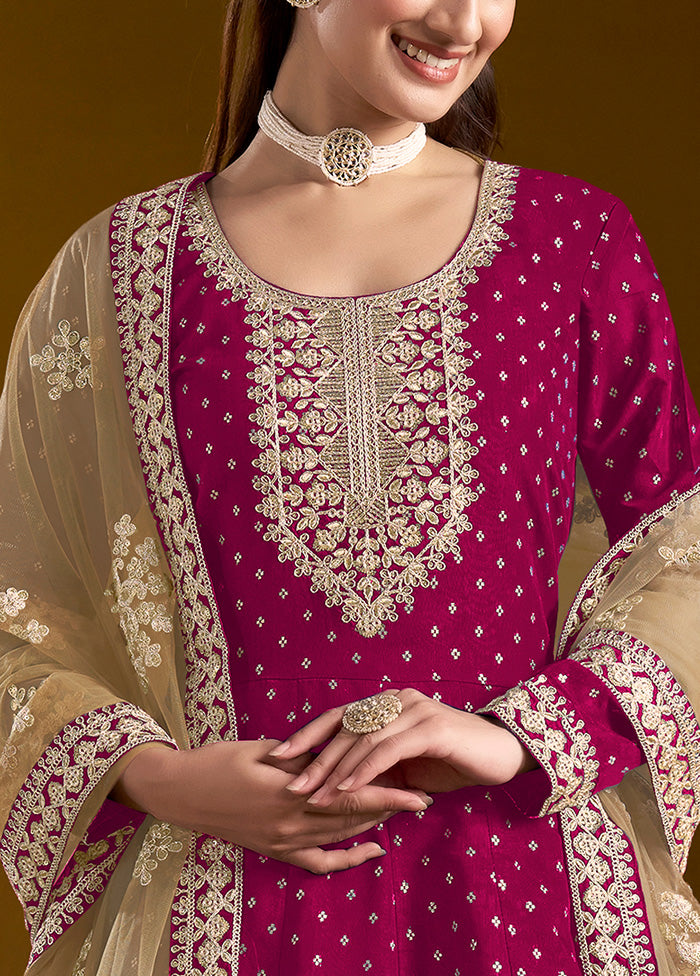 3 Pc Pink Semi Stitched Chanderi Suit Set Visit