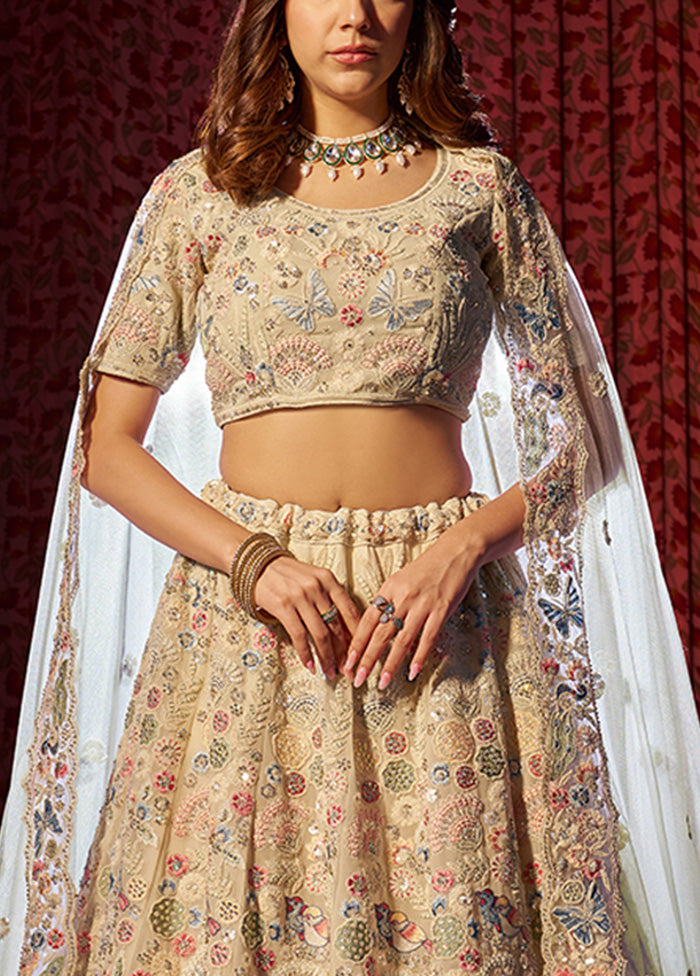 3 Pc Beige Georgette Semi Stitched Lehenga Set Huge Surprise For Sale