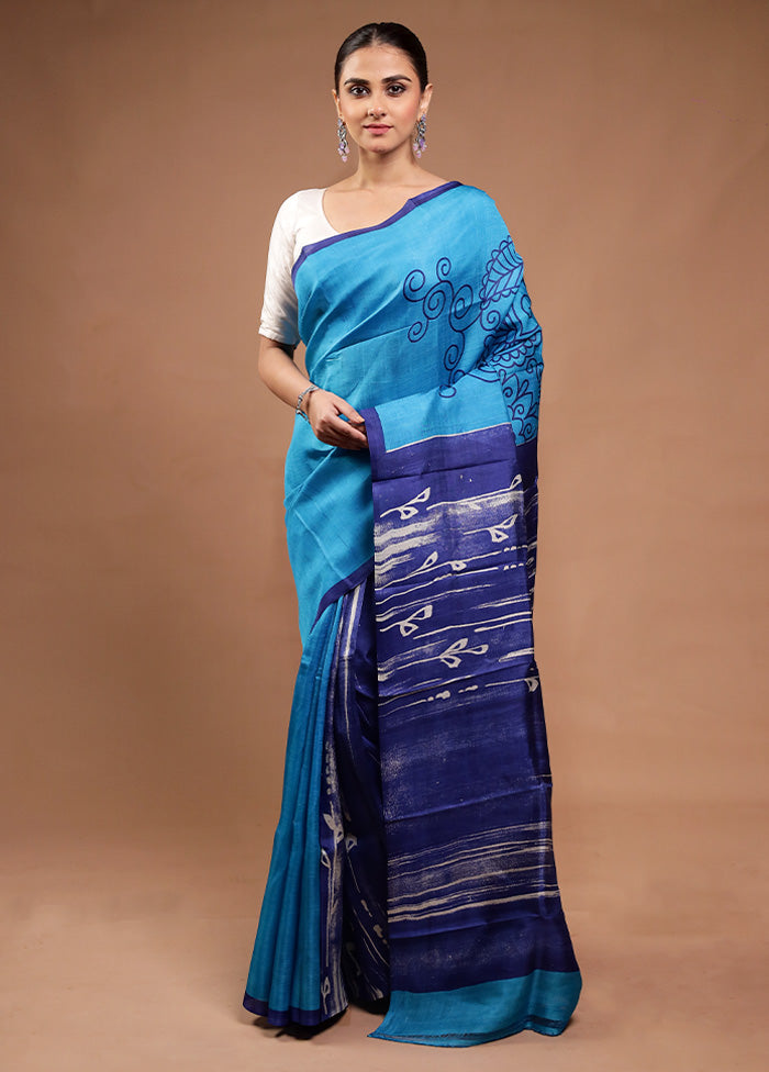 Blue Printed Pure Silk Saree Without Blouse Piece Free Shipping Looking For