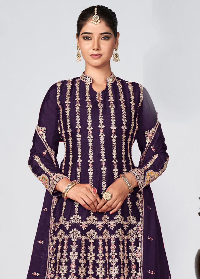 3 Pc Violet Semi Stitched Silk Suit Set With Paypal Sale Online